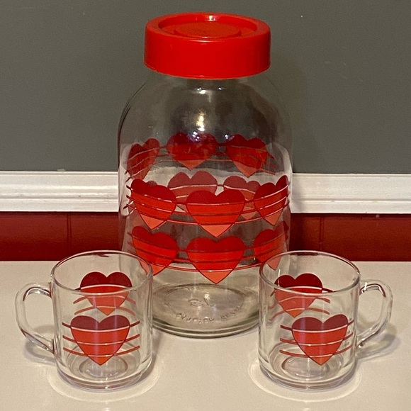 Vintage 80s Carlton Luminarc Glass Striped Hearts Canister Jar & Mugs Set - Picture 1 of 5